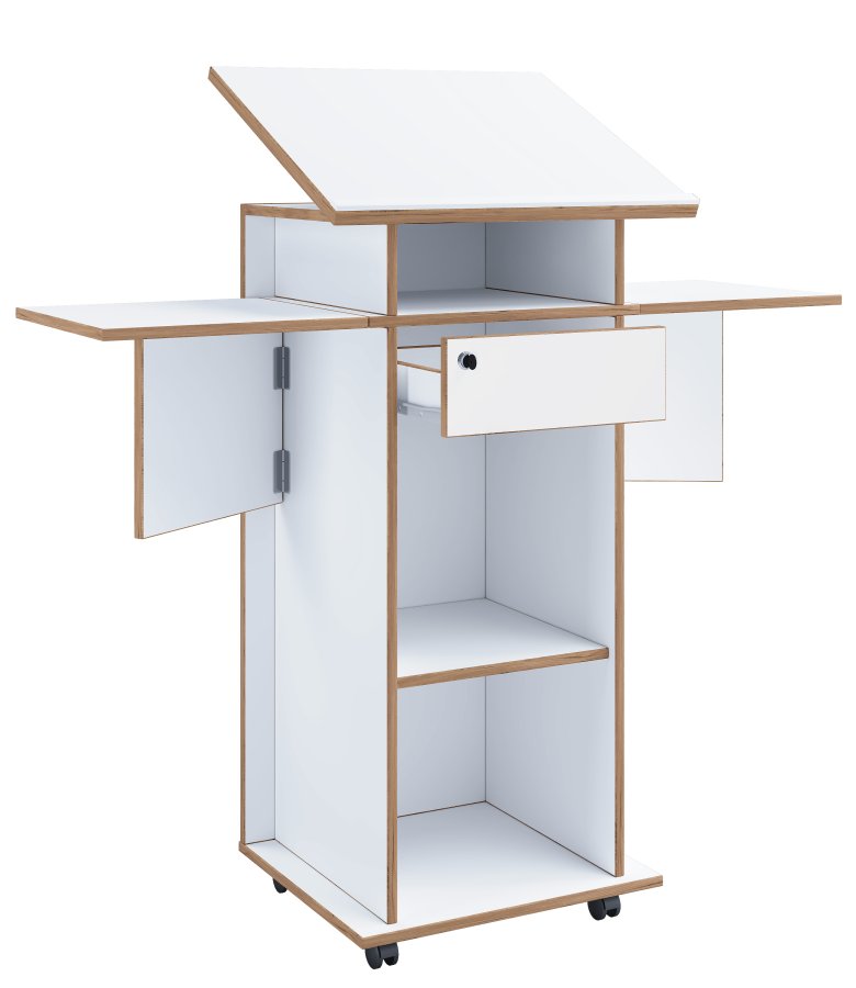 VCM NORDIC Salia M stende skrivebord, justerbar topp, 1 lsbar skuff, hylle, hjul - hvit/naturlig tre