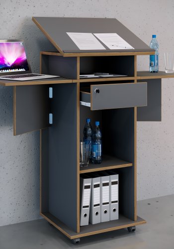 VCM NORDIC Salia M stende skrivebord, justerbar topp, 1 lsbar skuff, hylle, hjul - grtt/naturlig tre