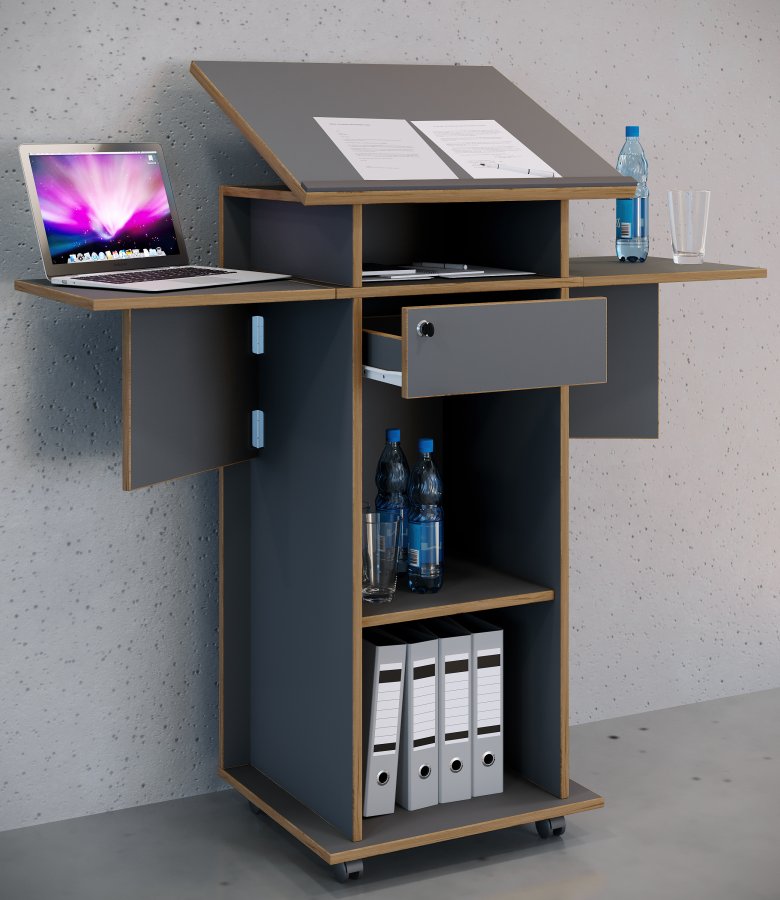 VCM NORDIC Salia M stende skrivebord, justerbar topp, 1 lsbar skuff, hylle, hjul - grtt/naturlig tre