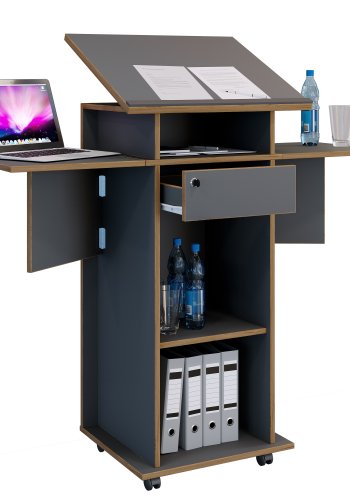 VCM NORDIC Salia M stende skrivebord, justerbar topp, 1 lsbar skuff, hylle, hjul - grtt/naturlig tre