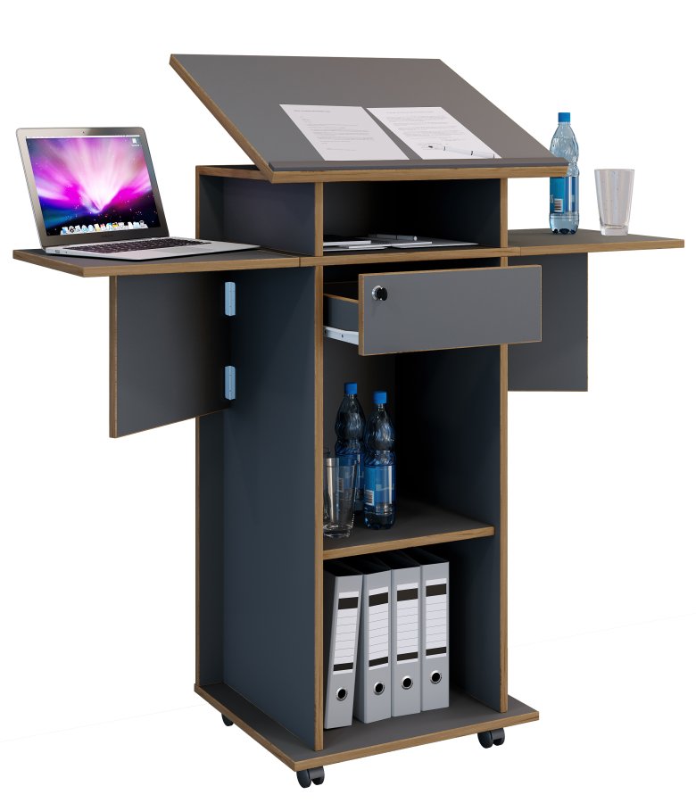 VCM NORDIC Salia M stende skrivebord, justerbar topp, 1 lsbar skuff, hylle, hjul - grtt/naturlig tre