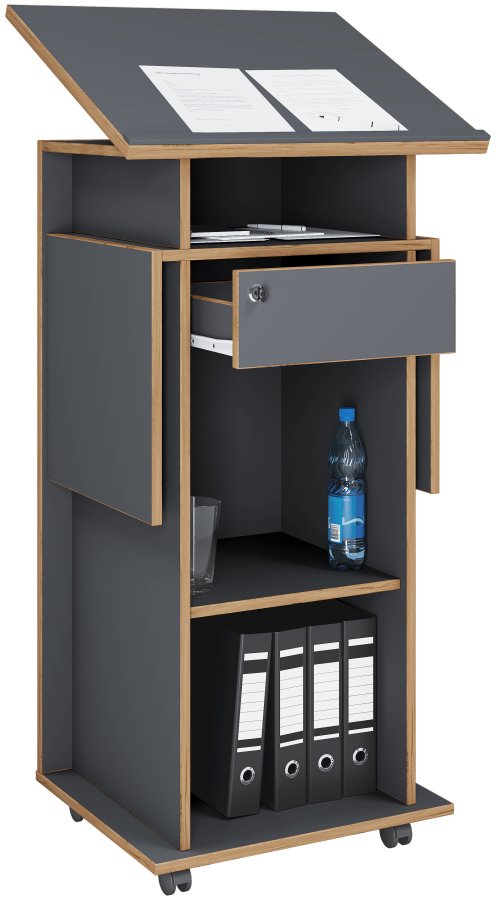 VCM NORDIC Salia M stende skrivebord, justerbar topp, 1 lsbar skuff, hylle, hjul - grtt/naturlig tre