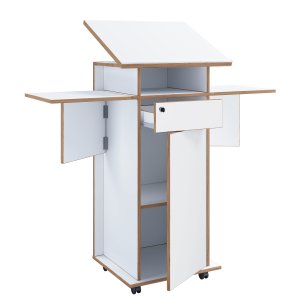 VCM NORDIC Salia L stende skrivbord, justerbar skiva, 1 lsbar lda, drr, hjul - vitt/naturligt tr