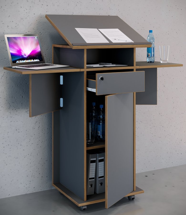 VCM NORDIC Salia L Stehpult, höhenverstellbare Platte, 1 abschließbare Schublade, Tür, Rollen – Grau/Naturholz