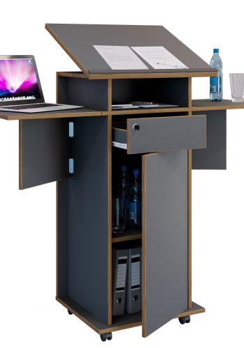 VCM NORDIC Salia L Stehpult, höhenverstellbare Platte, 1 abschließbare Schublade, Tür, Rollen – Grau/Naturholz