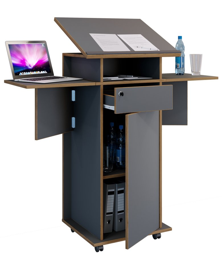 VCM NORDIC Salia L Stehpult, höhenverstellbare Platte, 1 abschließbare Schublade, Tür, Rollen – Grau/Naturholz