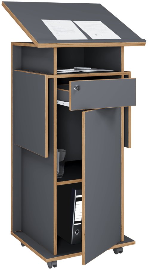 VCM NORDIC Salia L Stehpult, höhenverstellbare Platte, 1 abschließbare Schublade, Tür, Rollen – Grau/Naturholz