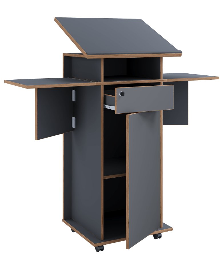 VCM NORDIC Salia L Stehpult, höhenverstellbare Platte, 1 abschließbare Schublade, Tür, Rollen – Grau/Naturholz