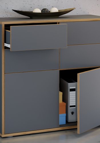 VCM NORDIC Salia B100 Bürokommode, m. 2 Türen, 4 Schubladen - Anthrazitgrau/Naturholz