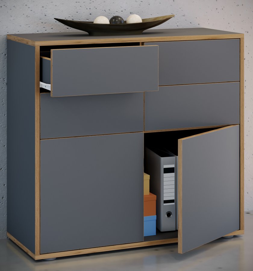 VCM NORDIC Salia B100 Bürokommode, m. 2 Türen, 4 Schubladen - Anthrazitgrau/Naturholz