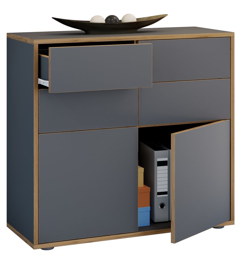 VCM NORDIC Salia B100 Bürokommode, m. 2 Türen, 4 Schubladen - Anthrazitgrau/Naturholz