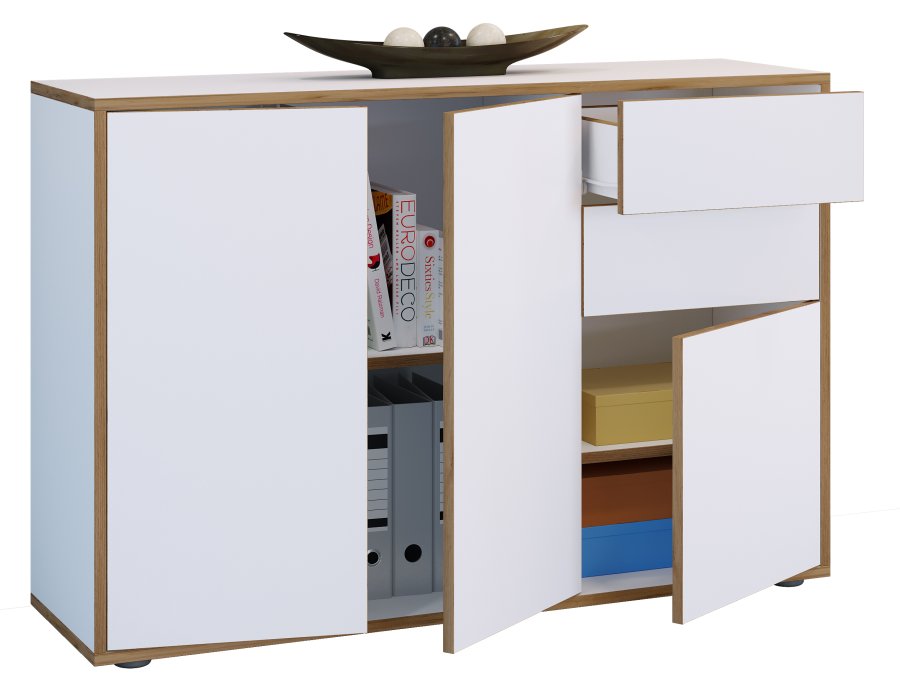 VCM NORDIC Salia B110 Bürokommode, m. 3 Türen, 2 Schubladen, 2 Einlegeböden - weiß/natur