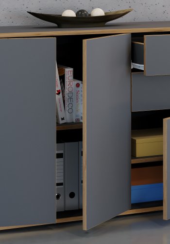 VCM NORDIC Salia B110 Bürokommode, m. 3 Türen, 2 Schubladen, 2 Einlegeböden - Anthrazitgrau/Naturholz