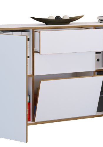 VCM NORDIC Salia B160 Bürokommode, m. 3 Türen, 2 Schubladen, 2 Einlegeböden - weiß/natur