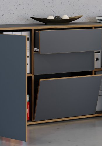 VCM NORDIC Salia B160 Bürokommode, m. 3 Türen, 2 Schubladen, 2 Einlegeböden - Anthrazitgrau/Naturholz