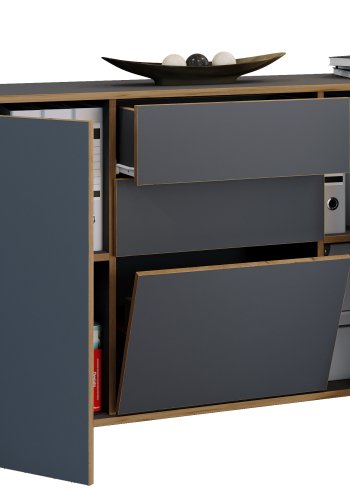 VCM NORDIC Salia B160 Bürokommode, m. 3 Türen, 2 Schubladen, 2 Einlegeböden - Anthrazitgrau/Naturholz