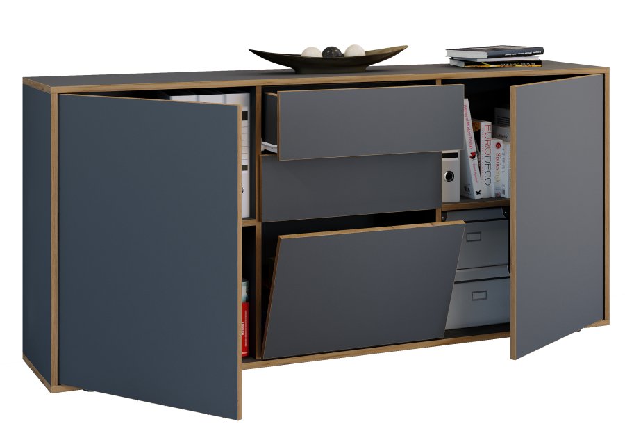 VCM NORDIC Salia B160 Bürokommode, m. 3 Türen, 2 Schubladen, 2 Einlegeböden - Anthrazitgrau/Naturholz