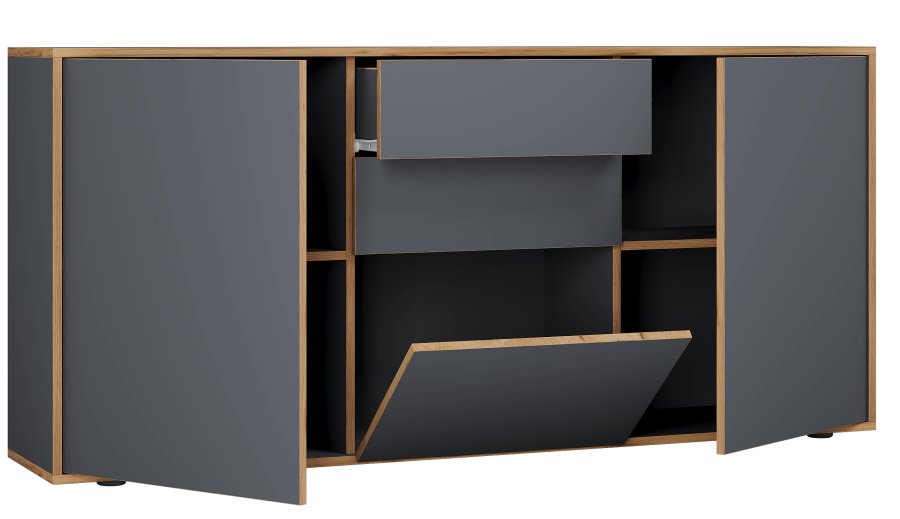 VCM NORDIC Salia B160 Bürokommode, m. 3 Türen, 2 Schubladen, 2 Einlegeböden - Anthrazitgrau/Naturholz