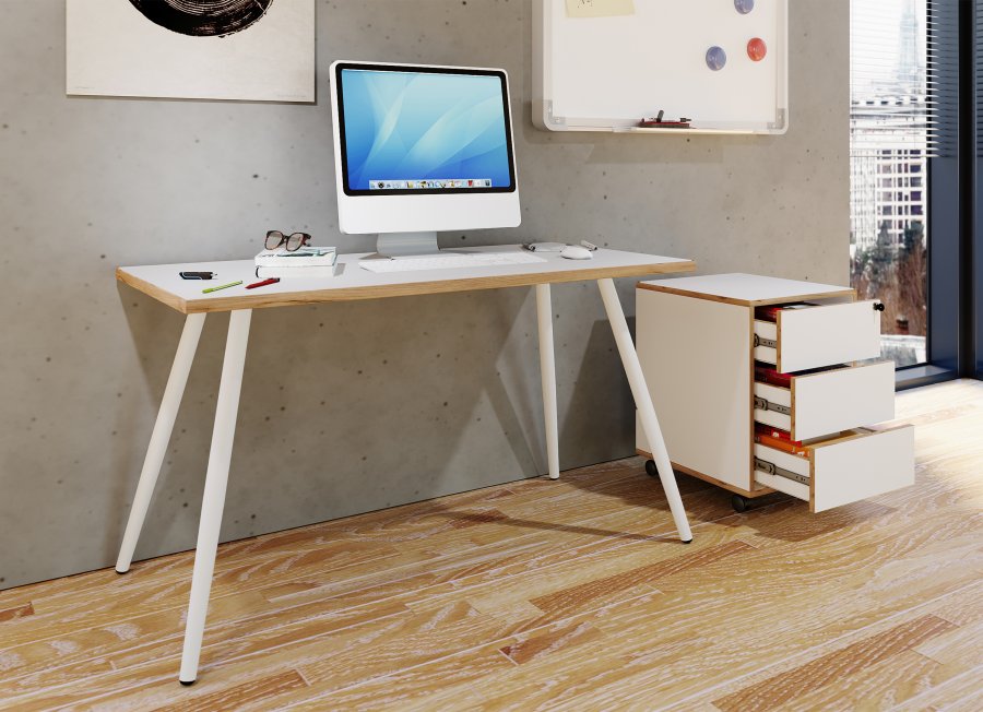 VCM NORDIC Salia Schreibtisch, rechteckig – weißes Melamin, Naturholz, Metall (138x50)