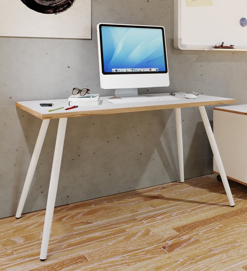 VCM NORDIC Salia Schreibtisch, rechteckig – weißes Melamin, Naturholz, Metall (138x50)