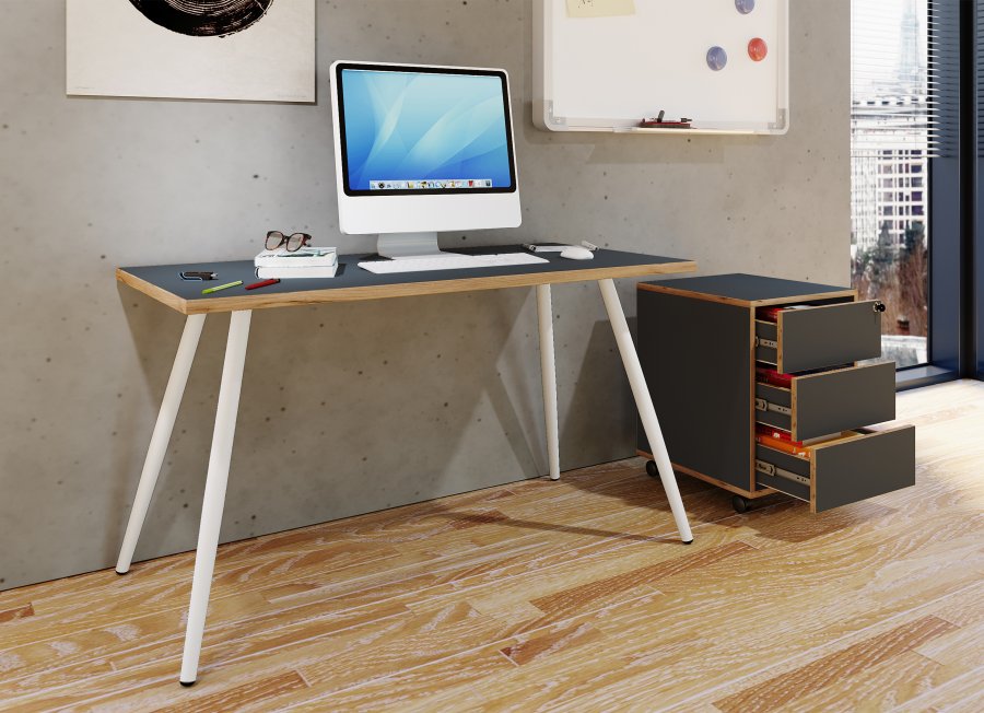 VCM NORDIC Salia Schreibtisch, rechteckig – anthrazitgraues Melamin, Naturholz, Metall (138x80)