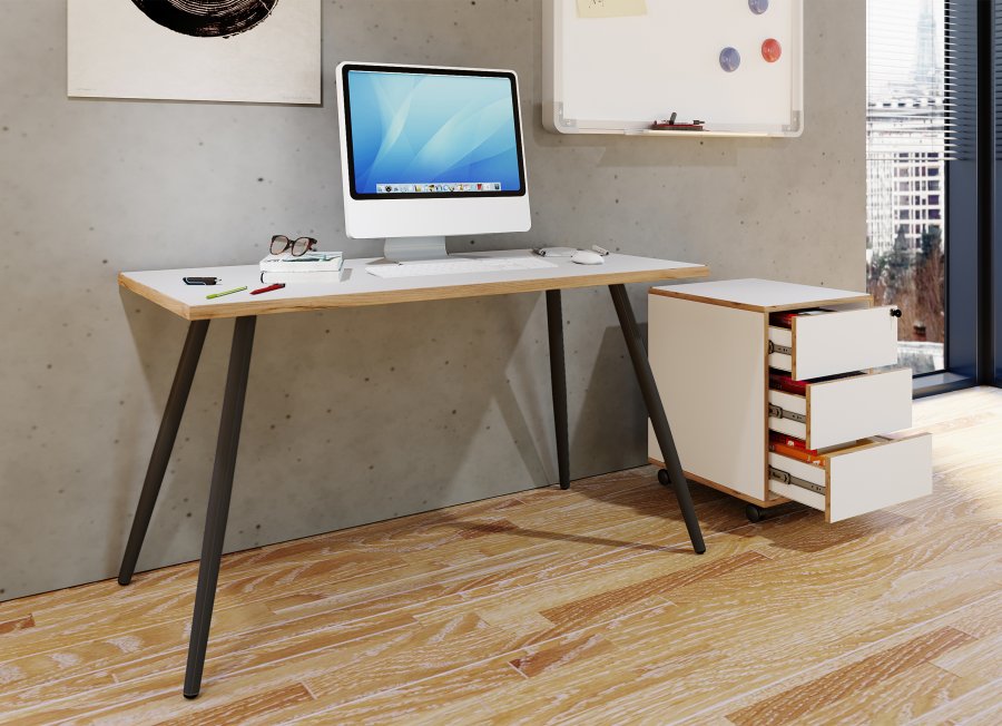 VCM NORDIC Salia skrivebord, rektangulrt - hvit melamin, naturlig tre, metall (110x80)