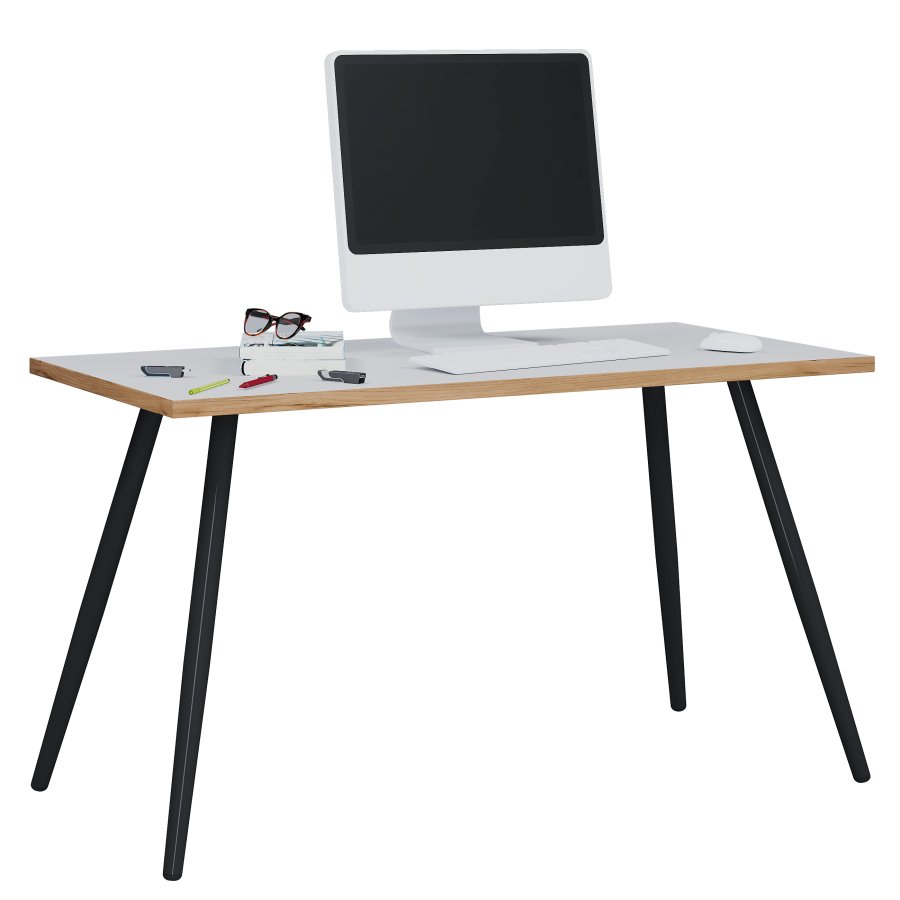 VCM NORDIC Salia Schreibtisch, rechteckig – weißes Melamin, Naturholz, Metall (110x50)