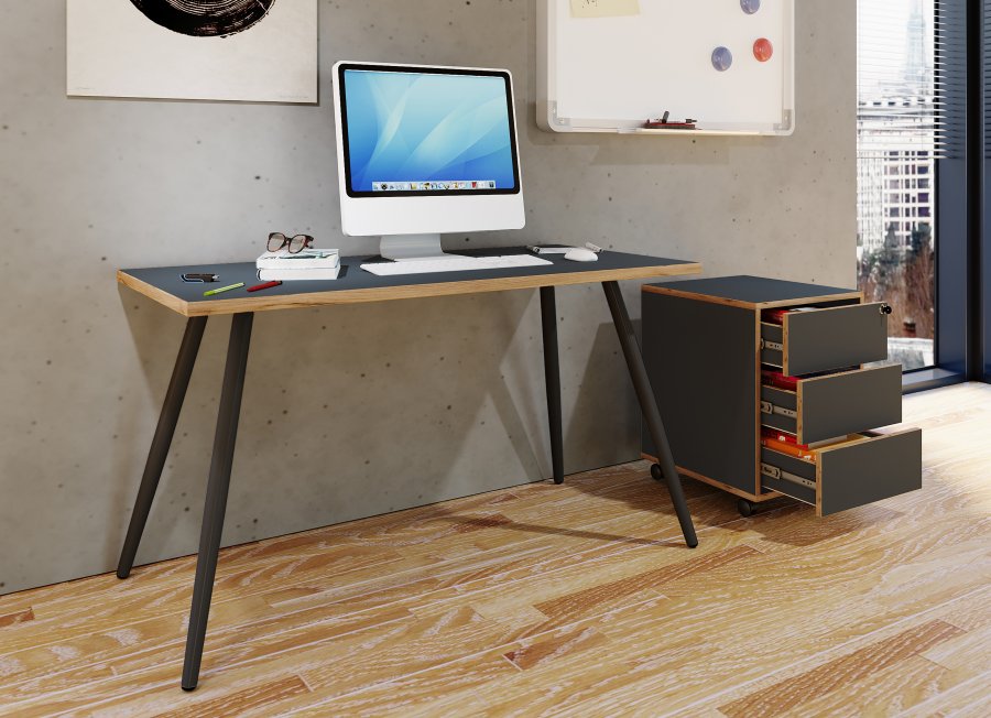 VCM NORDIC Salia Schreibtisch, rechteckig – anthrazitgraues Melamin, Naturholz, Metall (110x80)