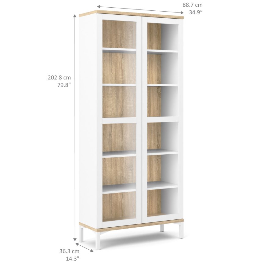 TVILUM Roomers vitrineskap - naturlig og hvitt tre, m. 2 glassdrer
