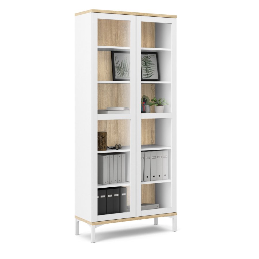 TVILUM Roomers vitrineskap - naturlig og hvitt tre, m. 2 glassdrer