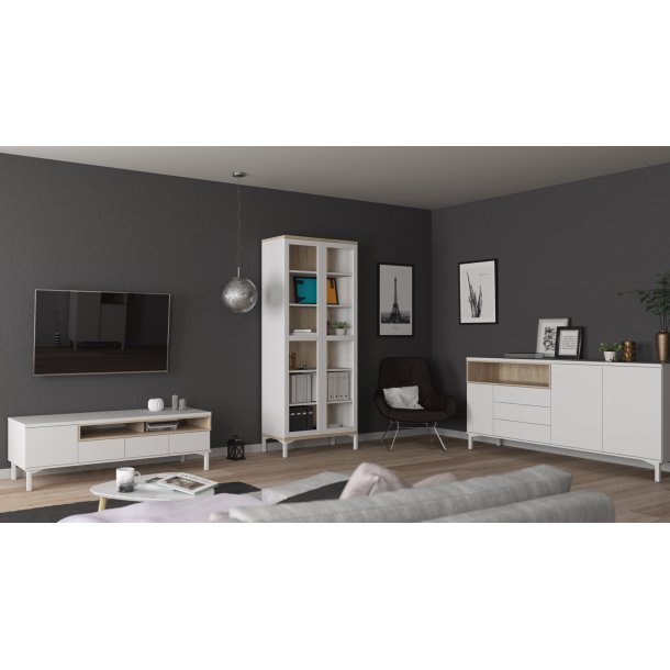 Roomers TV-bord - hvid/egetrstruktur, m. 1 lge og 3 skuffer (156 cm)