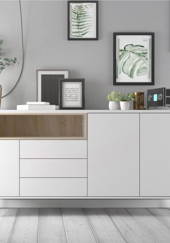 TVILUM Roomers skjenk, m. 3 drer og 3 skuffer - eikefarget/hvit folie og stl (175,7x48,25)