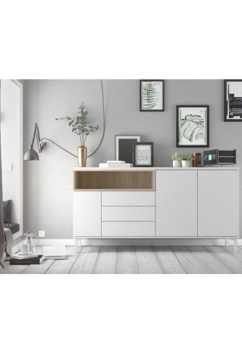 TVILUM Roomers skjenk, m. 3 drer og 3 skuffer - eikefarget/hvit folie og stl (175,7x48,25)