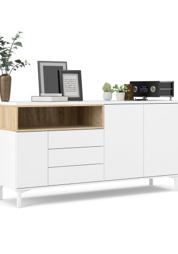 TVILUM Roomers skjenk, m. 3 drer og 3 skuffer - eikefarget/hvit folie og stl (175,7x48,25)