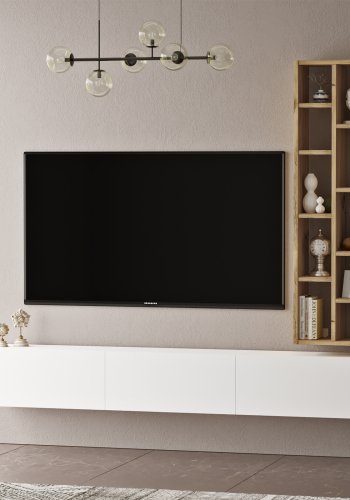 FUNZI LIVING LV9 TV-Tisch und Wandregal, m. 3 Türen - weißes und natürliches Melamin