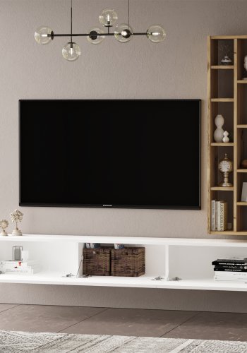 FUNZI LIVING LV9 TV-Tisch und Wandregal, m. 3 Türen - weißes und natürliches Melamin