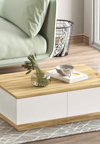 NORDVRK LV17 salongbord, m. 2 drer - naturlig og hvit melamin (90x60)