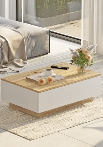 NORDVRK LV17 salongbord, m. 2 drer - naturlig og hvit melamin (90x60)