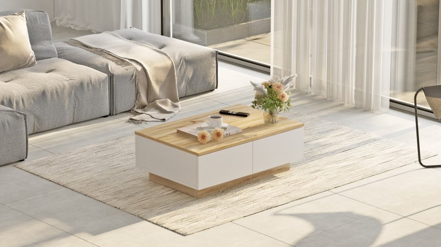 NORDVRK LV17 salongbord, m. 2 drer - naturlig og hvit melamin (90x60)