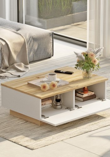 NORDVRK LV17 salongbord, m. 2 drer - naturlig og hvit melamin (90x60)