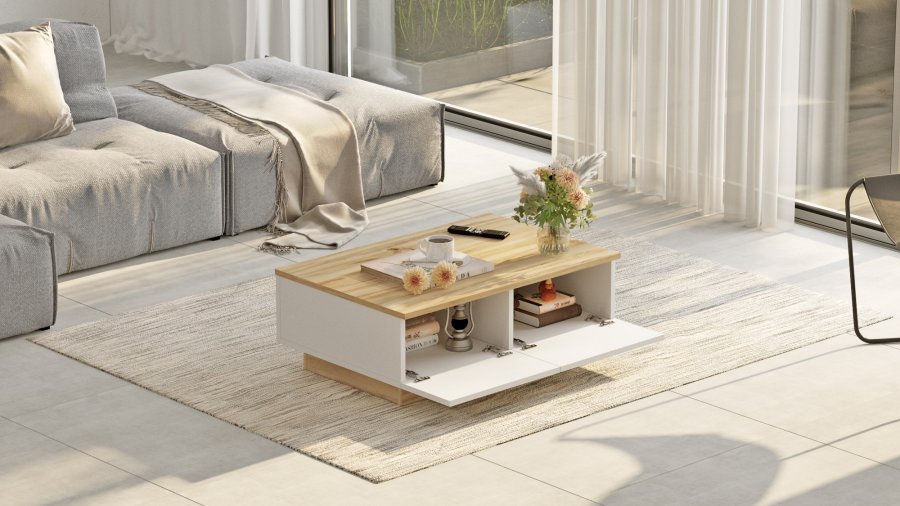 NORDVRK LV17 salongbord, m. 2 drer - naturlig og hvit melamin (90x60)