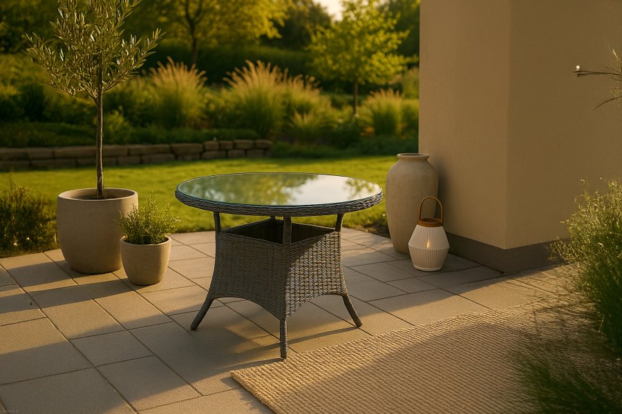 VENTURE DESIGN rund Volta havebord - glas og gr� aluminium (�90)