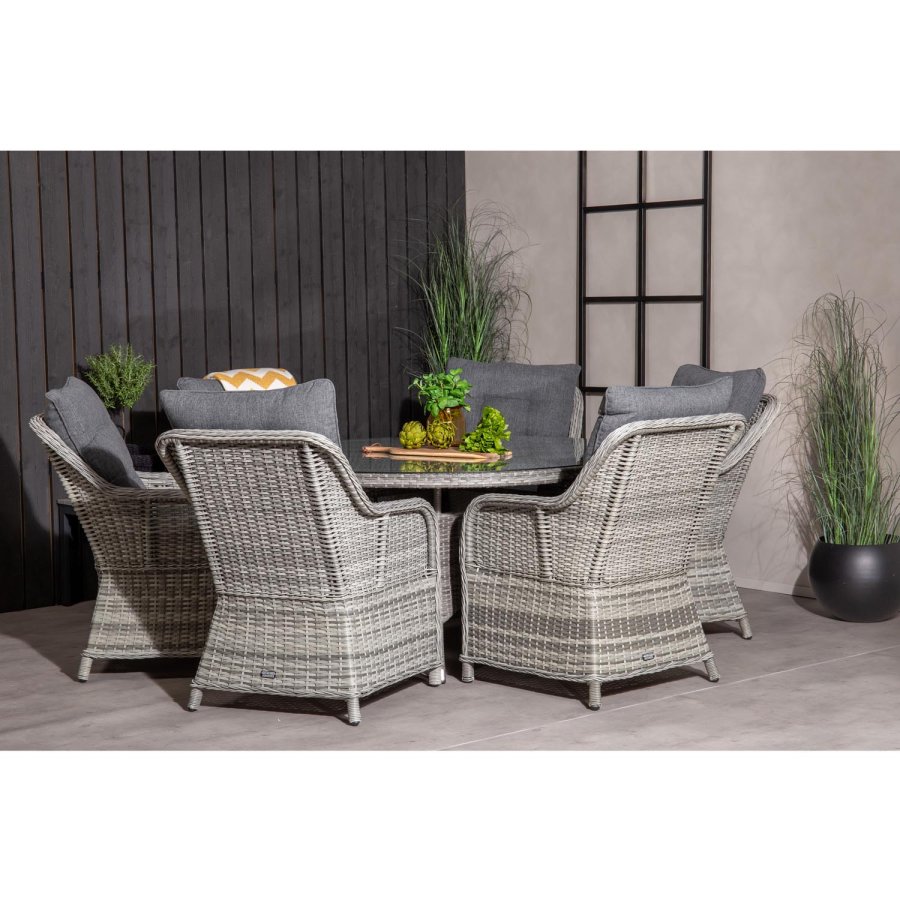 VENTURE DESIGN Vikelund hagestol, med armlener og 2 puter - gr polyester og gr polyrattan