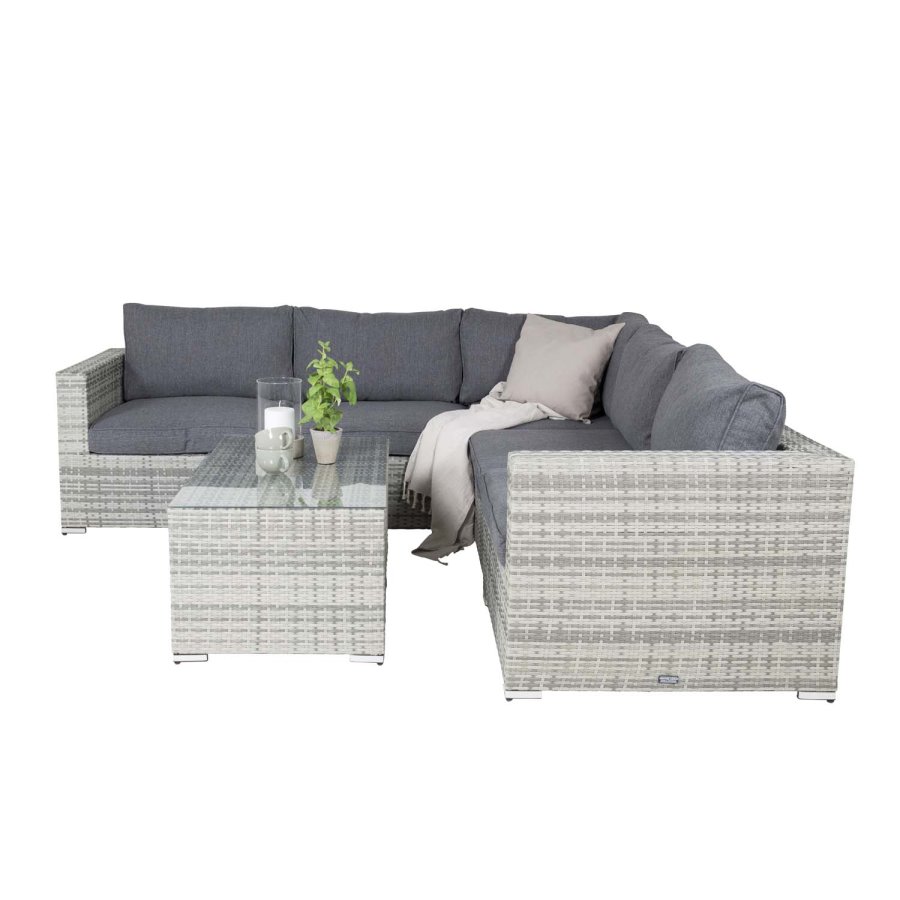 VENTURE DESIGN Amazon modulares Sofa-Gartenset 3+2+1 mit grauen Kissen – graues Rattan und Aluminium