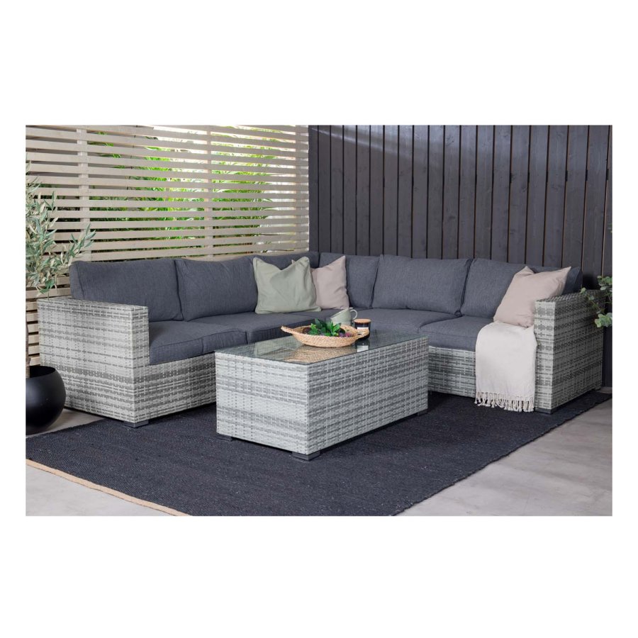 VENTURE DESIGN Amazon modulares Sofa-Gartenset 3+2+1 mit grauen Kissen – graues Rattan und Aluminium