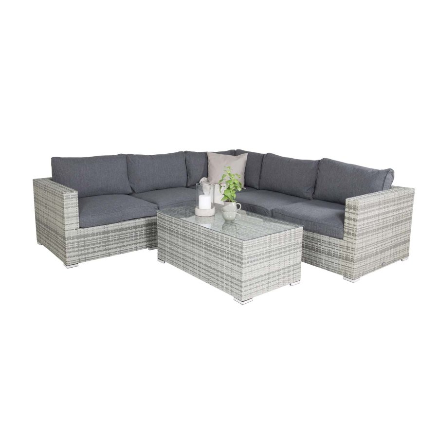 VENTURE DESIGN Amazon modulares Sofa-Gartenset 3+2+1 mit grauen Kissen – graues Rattan und Aluminium