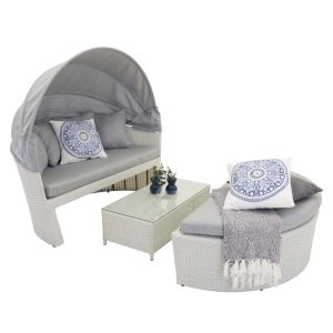 VENTURE DESIGN Padova lovebed/havest med havebord og stofhynder - hvid rattan og aluminium