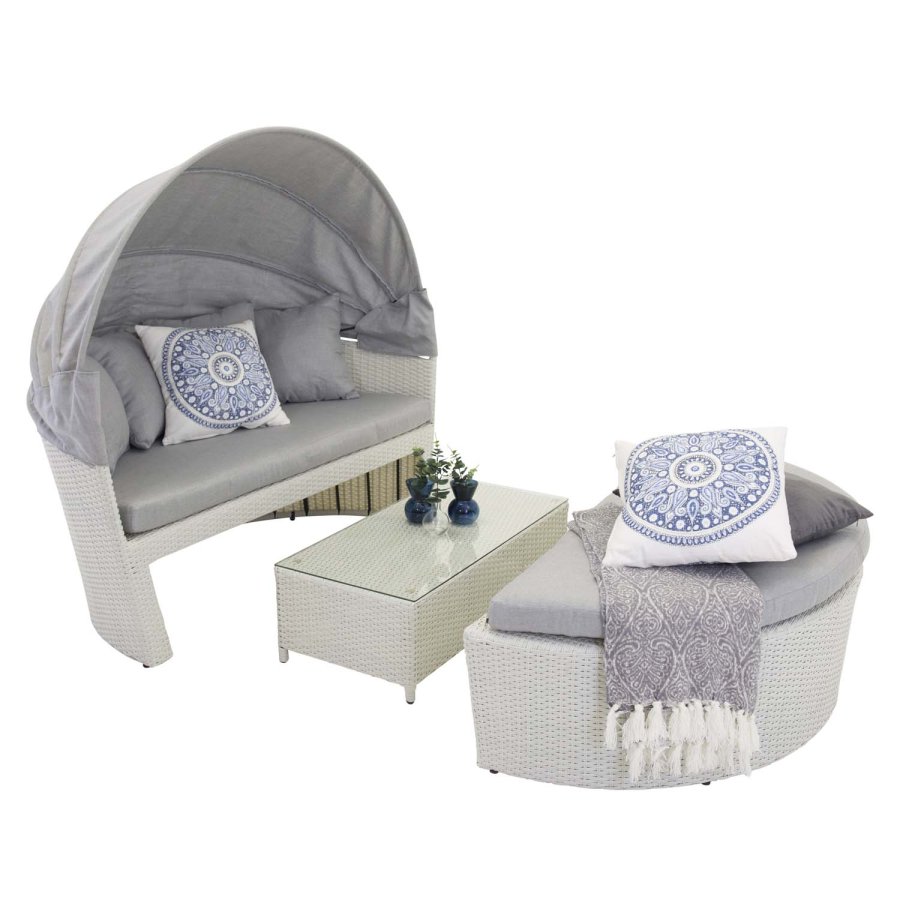 VENTURE DESIGN Padova kjrlighetsseng/hagesett med hagebord og stoffputer - hvit rotting og aluminium