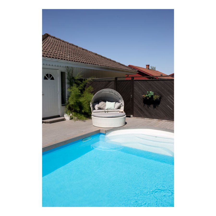 VENTURE DESIGN Padova kjrlighetsseng/hagesett med hagebord og stoffputer - hvit rotting og aluminium