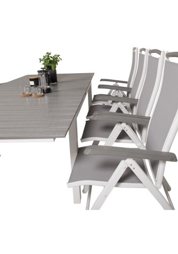 VENTURE DESIGN Albany 5-Positionen-Gartenstuhl mit Armlehnen und grauem Stoffkissen - weißes Aluminium